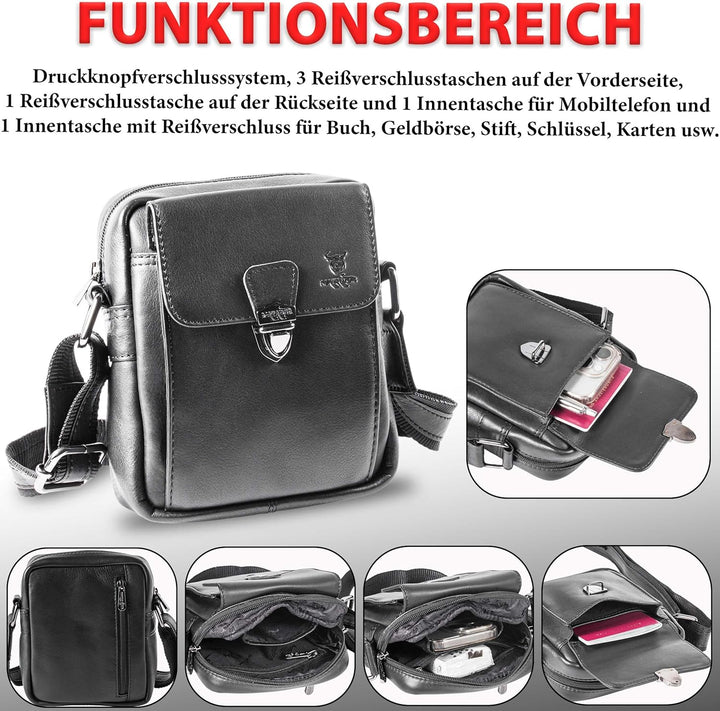 MATADOR kleine kompakte Leder Umhängetasche Herren Ledertasche Schultertasche Schwarz Nappa, Schwarz
