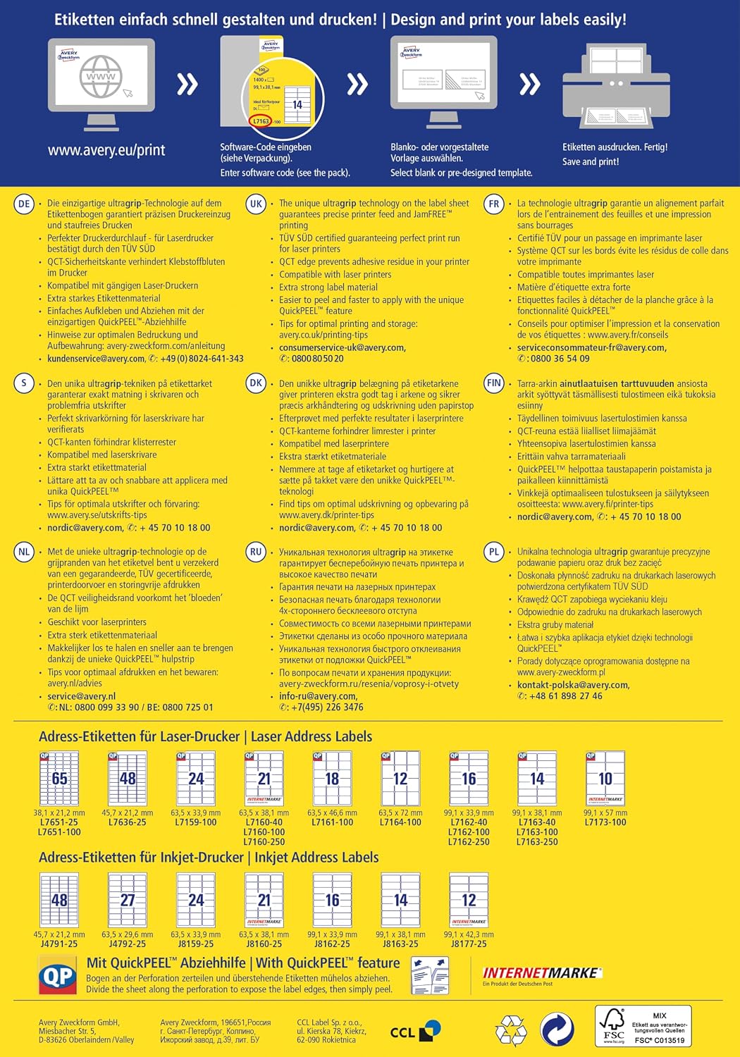 AVERY Zweckform L7164-100 Adressetiketten/Adressaufkleber (1.200 Etiketten mit ultragrip, 63,5x72mm