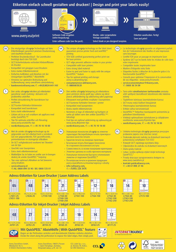 AVERY Zweckform L7164-100 Adressetiketten/Adressaufkleber (1.200 Etiketten mit ultragrip, 63,5x72mm