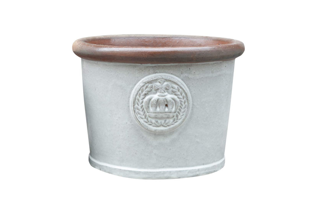 Teramico Pflanzgefäss Blumentopf Übertopf Krone Steinzeug glasiert Weiss Grau 34cm 45cm absolut Fros
