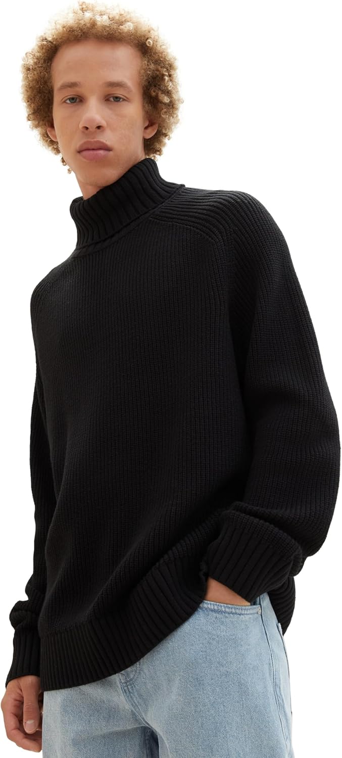 TOM TAILOR Denim Herren Relaxed Fit Ripp Rolkragen-Pullover L 29999 - Black, L 29999 - Black