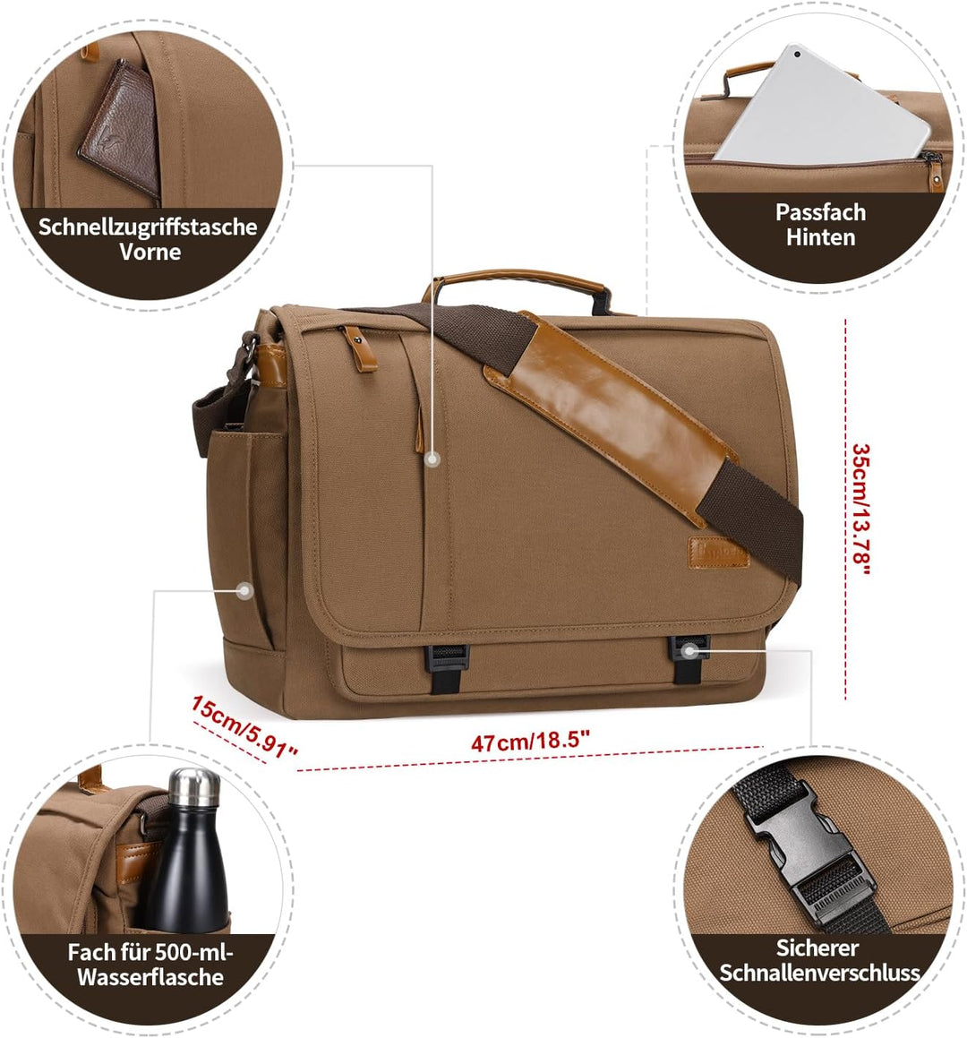 ESTARER Laptoptasche 17 Zoll Umhängetasche Canvas für Arbeit Uni, Braun Braun 17.3 Zoll (Schnallen),