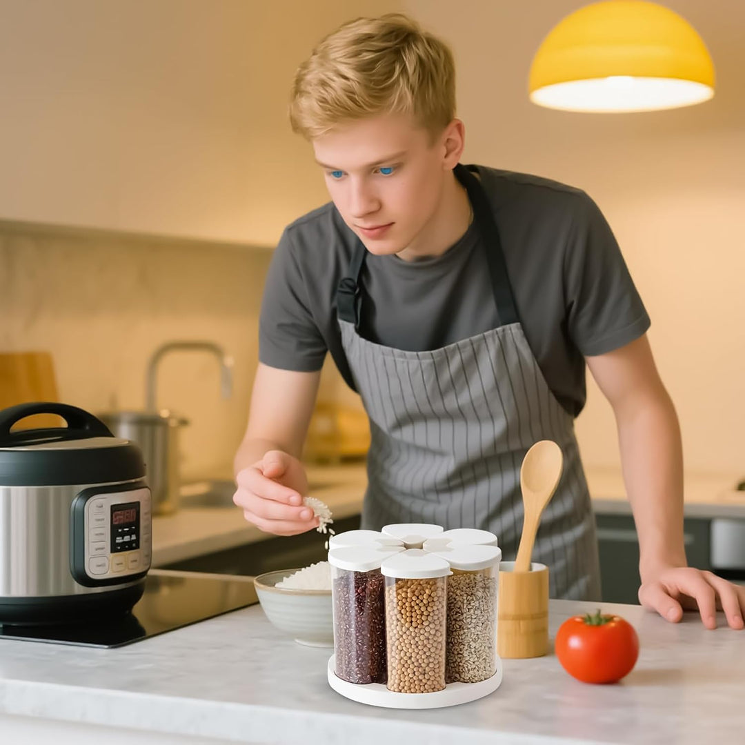 Getreidespender, drehbarer Lebensmittelspender, Reishalter, 6 Fächer, Aufbewahrungsbehälter, Küchenz