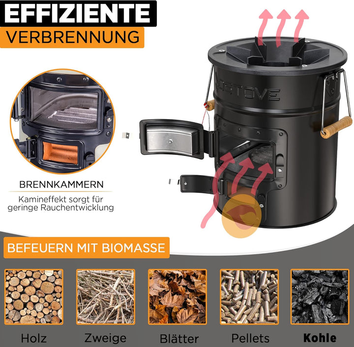 OSTOVE PRO Raketenofen - Das PRO Model mit 2 Kammern für Holz oder Kohle/Biomasse - Ideal für Campin