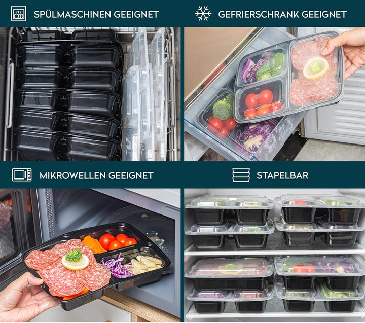 FITPREP 3 Fach Meal Prep Boxen im praktischen10er Pack - Mikrowellen &amp; Spülmaschinenfest, Mehrweg, L