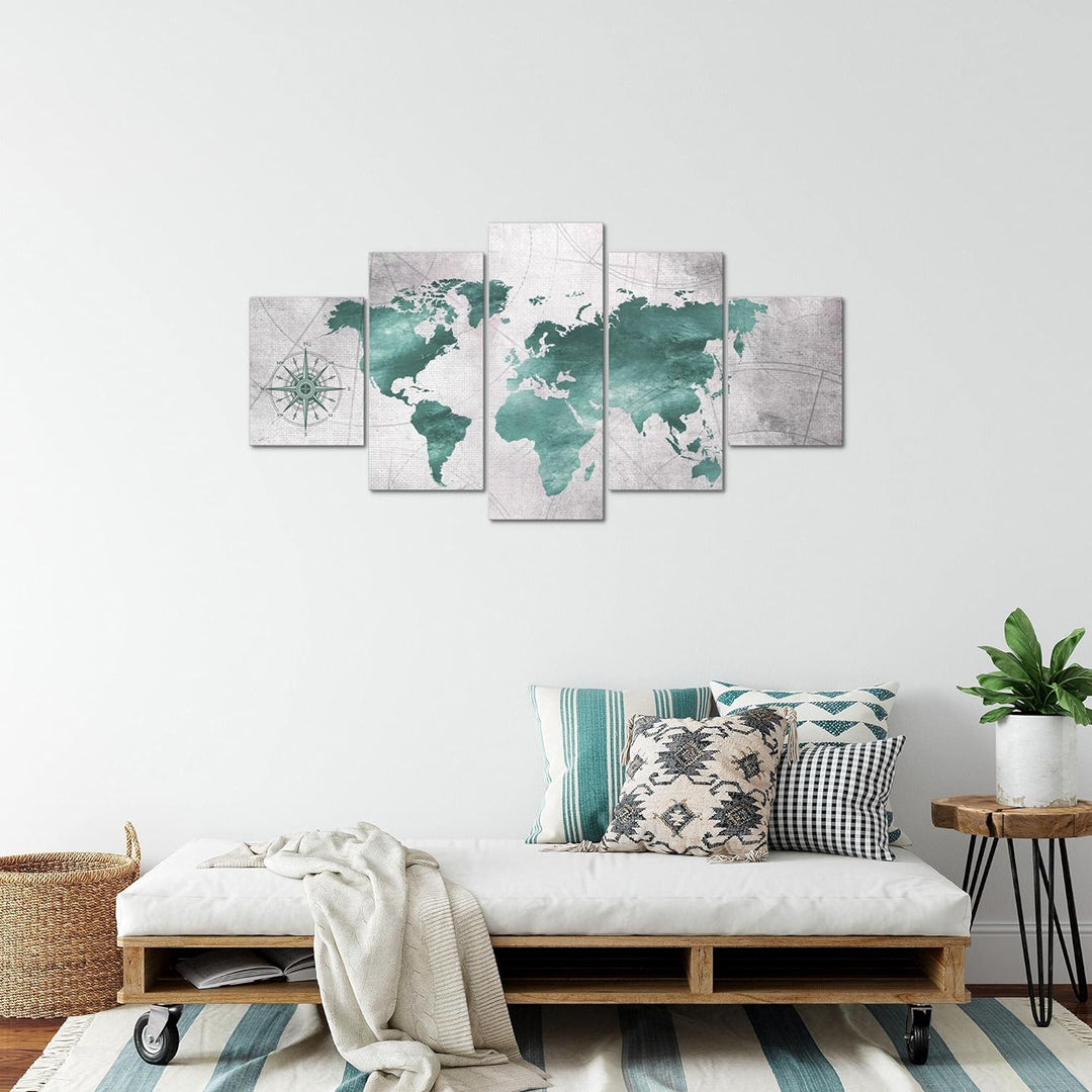 Runa Art Bild Büro Wohnzimmer Weltkarte 5 Teilig Vintage Grün Grau Wandbilder auf Vlies Leinwand 026