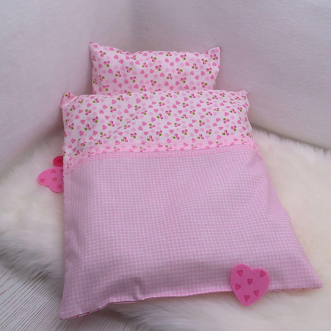 Puppenbettwäsche rosa Herzchen-Design, 4 Variaten, für Puppenwagen,-bett oder Puppenbuggy (Spitze),