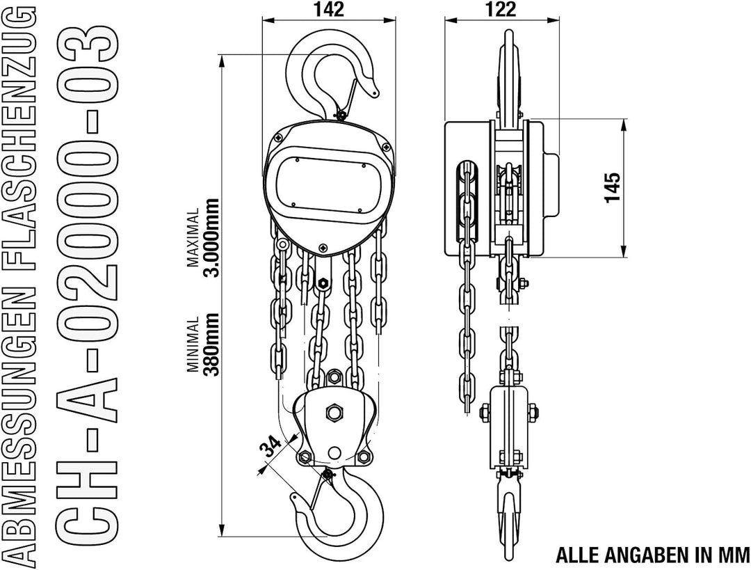 ROTEK Kettenflaschenzug 2t Kapazität, 3m Einsatzhöhe, CH-A-02000-03 02 Tonnen / 03m, 02 Tonnen / 03m