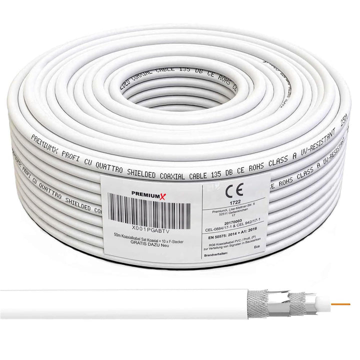 50m 135dB Sat Koaxialkabel Koax Kabel Reines Kupfer Digital PremiumX Profi FullHD UltraHD 4K 4-Fach