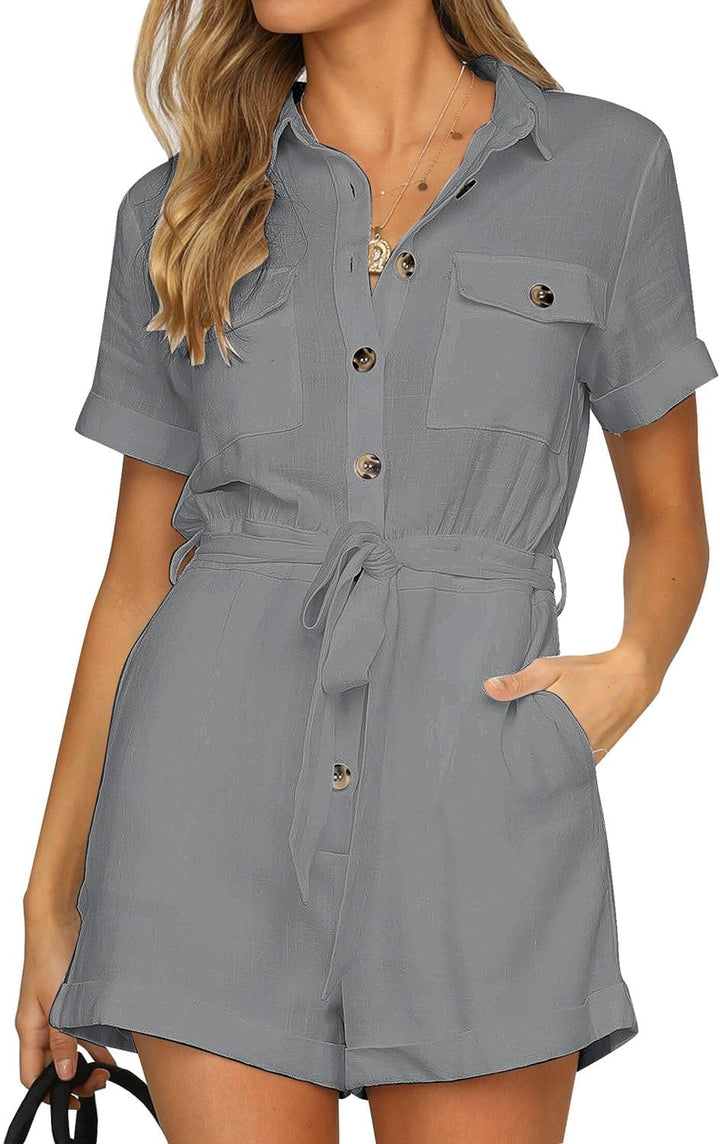 Roskiky Damen Sommer Taschen Gürtel Strampler Knopf Kurzarm Jumpsuit Playsuit L Grau, L Grau