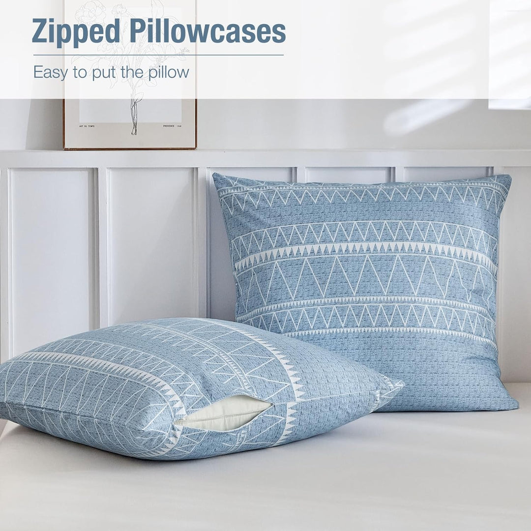 Lekesky Bettwäsche 220x240 3teilig + 2 Kissen 80x80, Boho Blau Linien | 1 Bettbezug 220x240, 2 Kisse