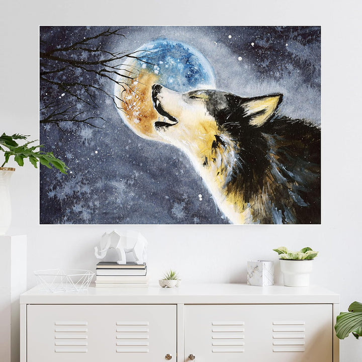 wandmotiv24 Poster als Wanddeko, Grösse Din A0, Heulender Wolf, Gemälde, Mond, Mitternacht, Tier, Mo