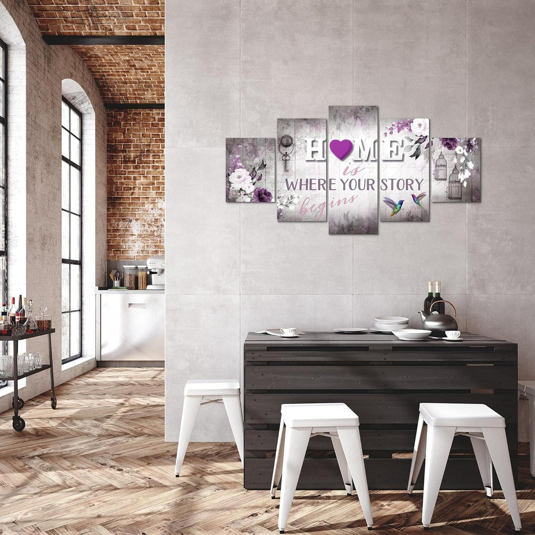 Runa Art Bild Wohnzimmer Home 5 Teilig Vintage Grau Lila Wandbilder auf Vlies Leinwand 037653b