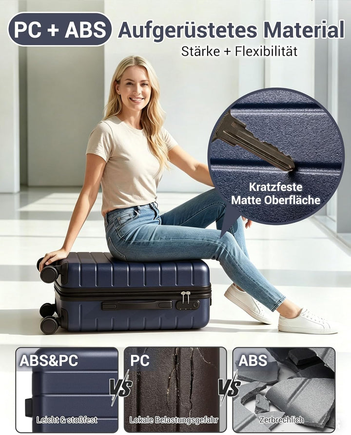 Koffer Mittelgross L 66cm, Leichter ABS+PC Reisekoffer für Flugzeug, Ryanair Trolley mit 4 Rollen, H