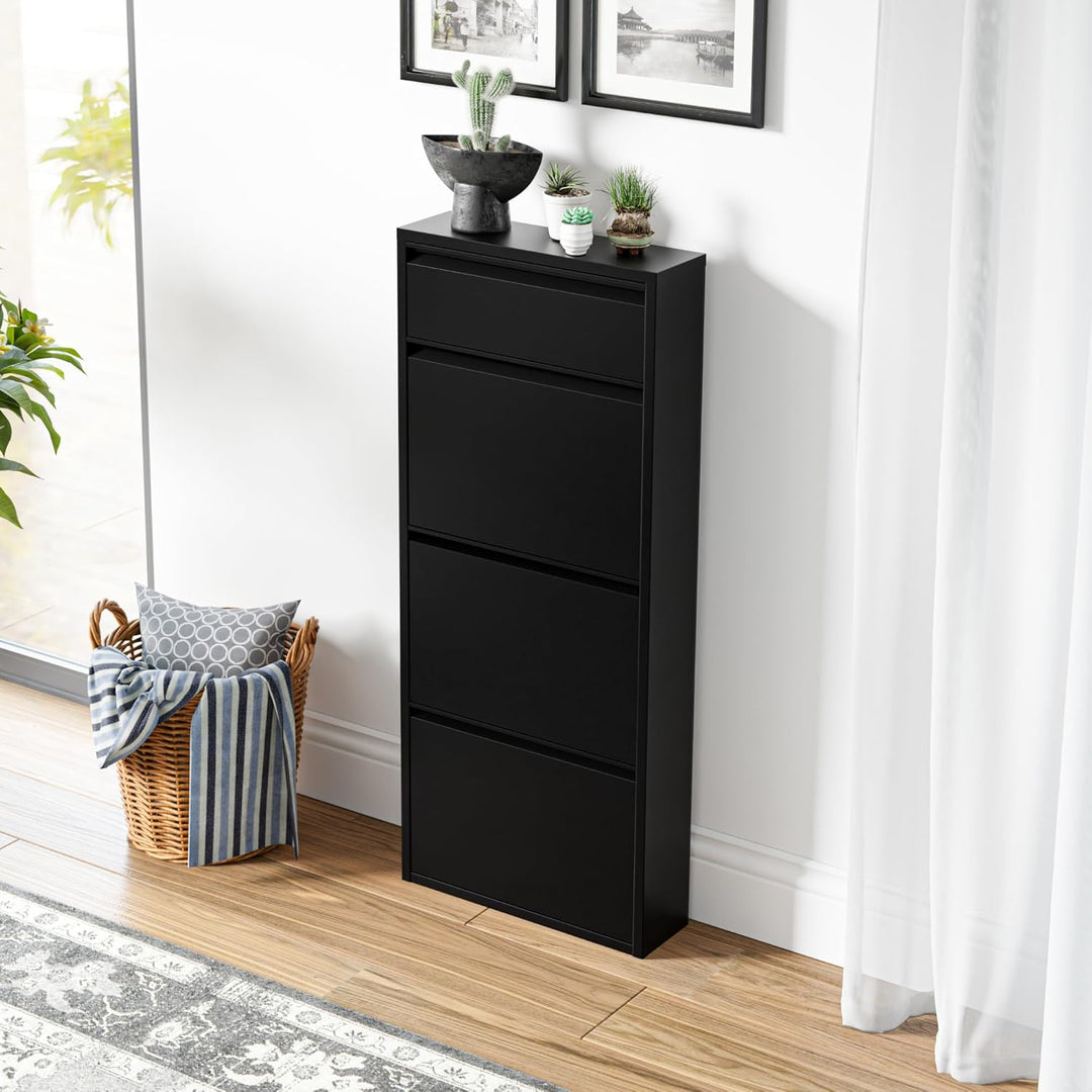 [en.casa] Schuhschrank Sokndal Schuhkipper Schwarz schmal Schuhkommode mit 3+1 Kippfächern Diele Flu