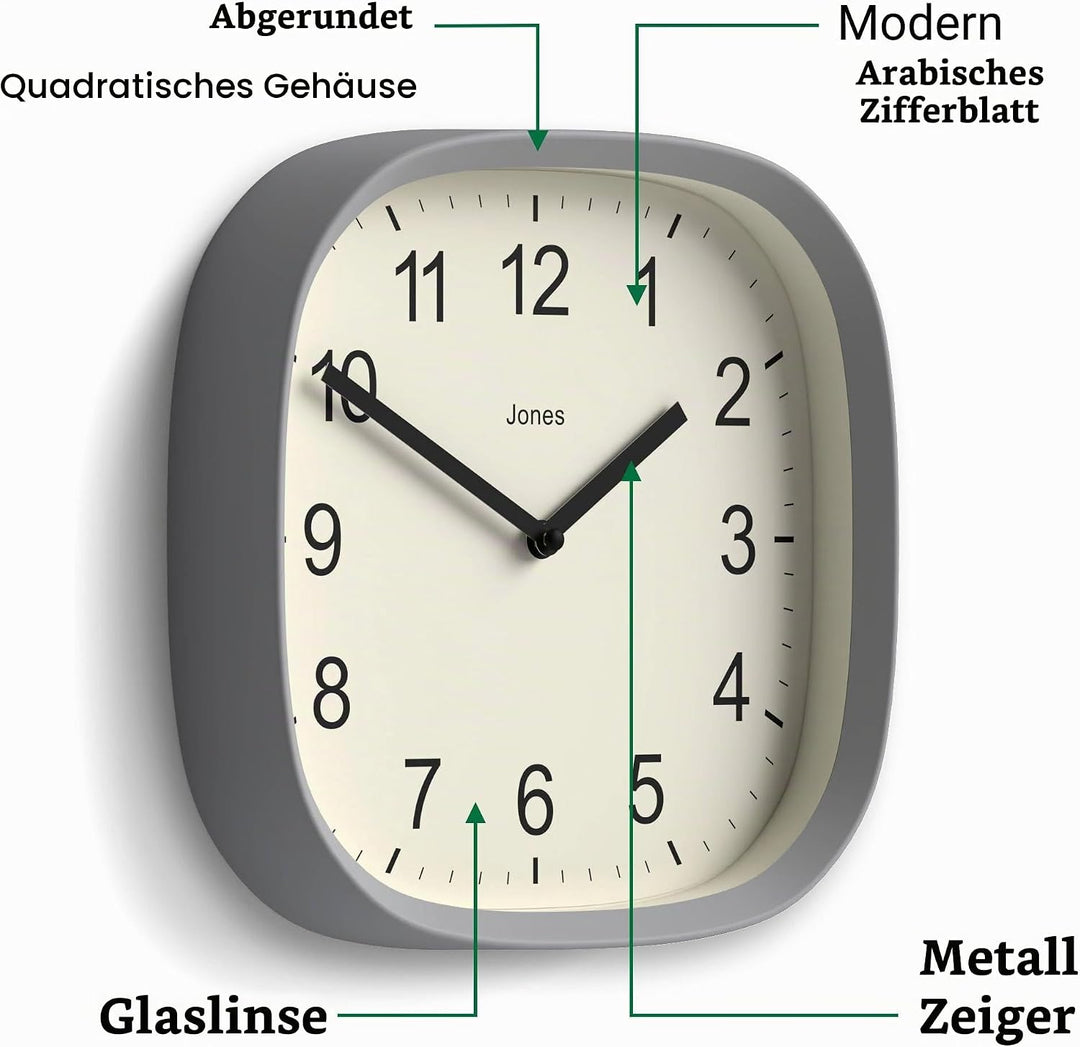 JONES CLOCKS Quadratische Retro-Wanduhr aus hochwertigem Acryl, Sprite&