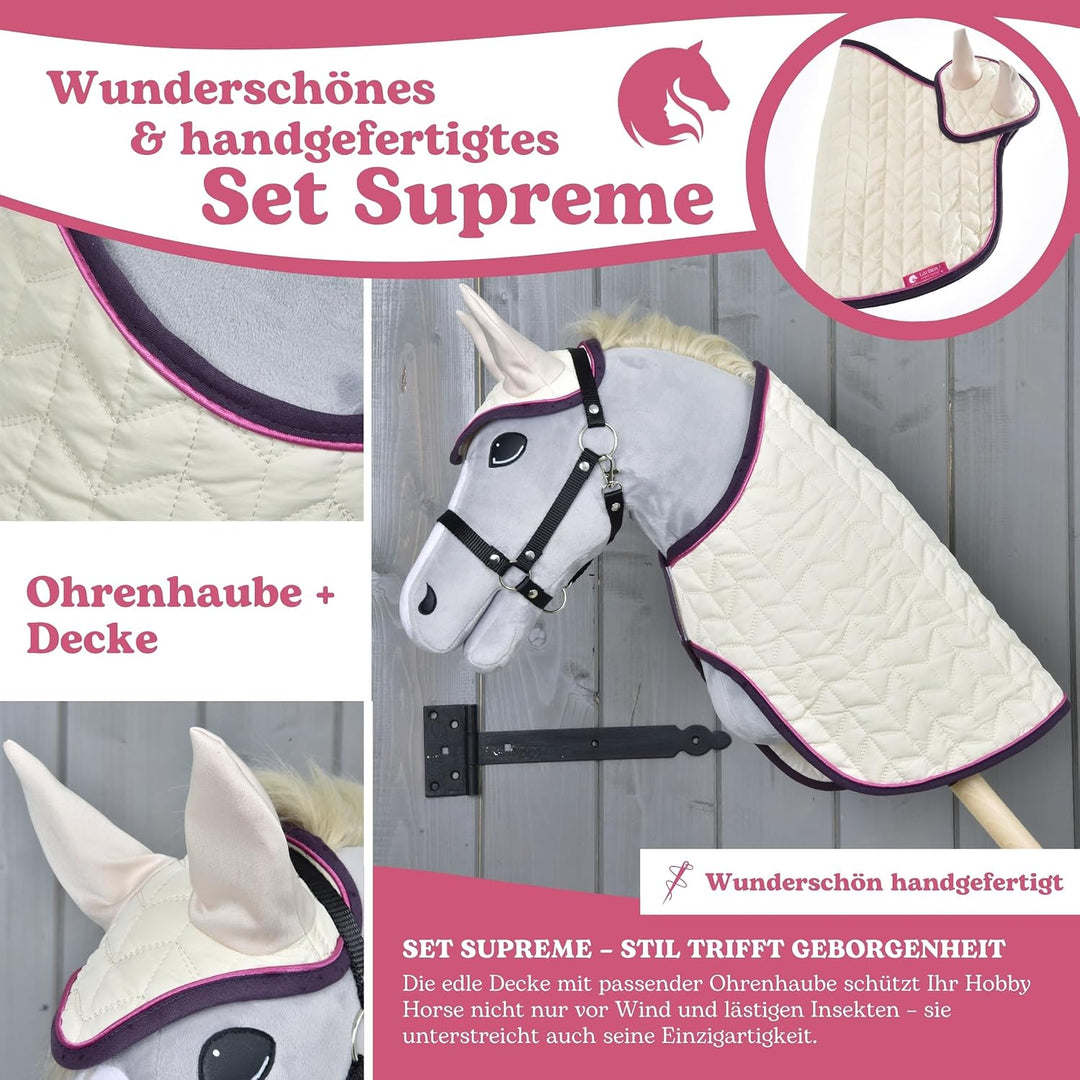 LarDen Hobby Horse Zubehör – Set Supreme Crema – Handgefertigte Decke &amp; Fliegenhaube für Steckenpfer