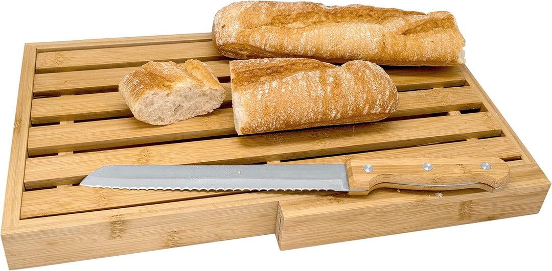 NERTHUS FIH 939 Bambusholz-Brotschneidebrett mit Bambusholzmesser, Edelstahlmesser, abnehmbarem Bode