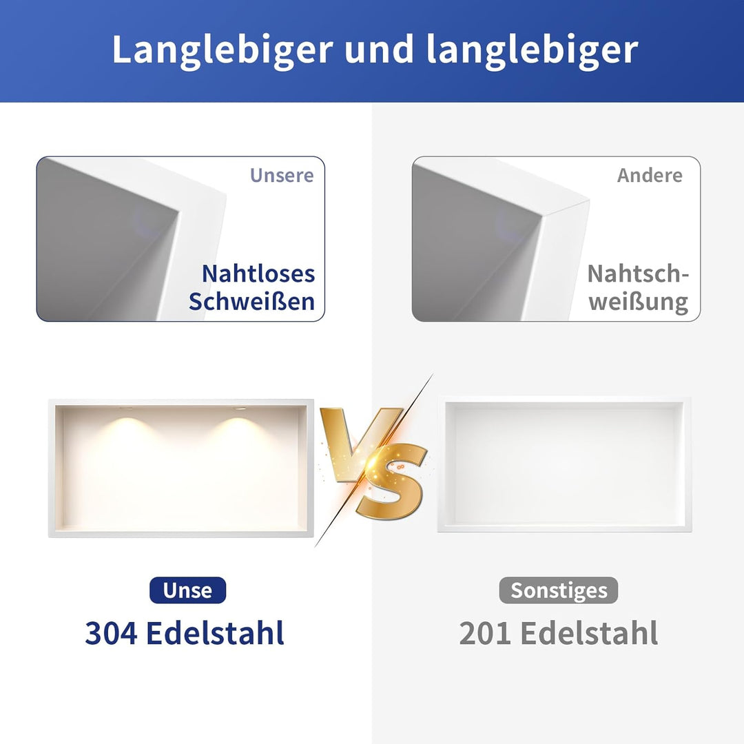 Wandnische Dusche Edelstahl mit LED Downlight, 60 cm x 30 cm, Wasserdicht - Keine Fliesen Erforderli