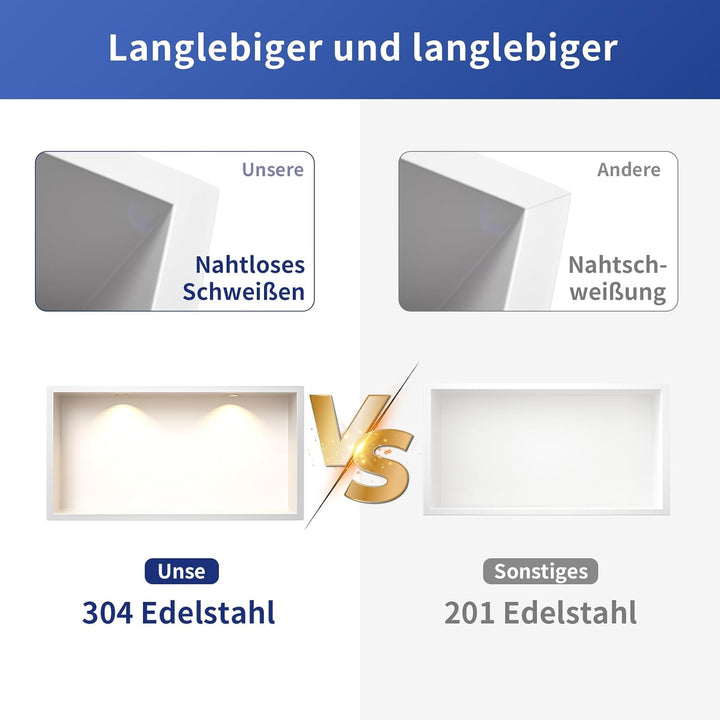Wandnische Dusche Edelstahl mit LED Downlight, 60 cm x 30 cm, Wasserdicht - Keine Fliesen Erforderli