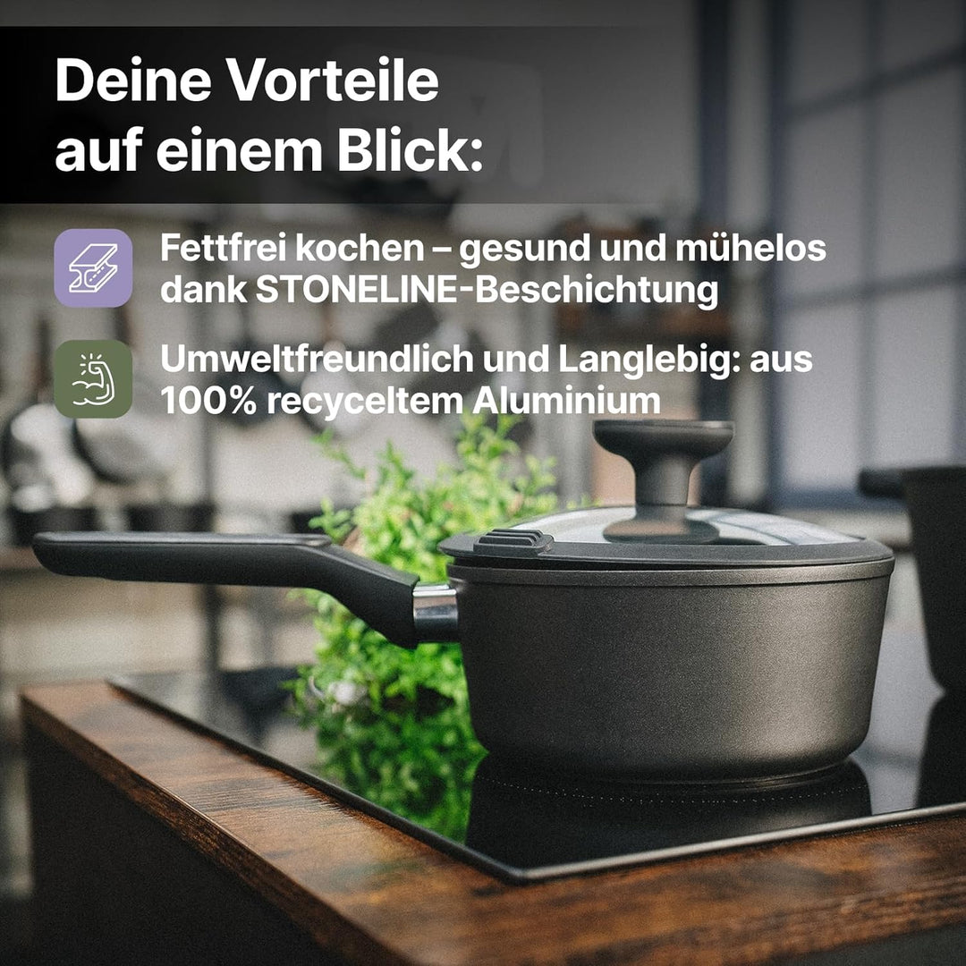 FIVI SOPHIA Kasserolle 18 cm | Induktion geeignet | 100% recyceltes Aluminium | Glasdeckel mit Silik