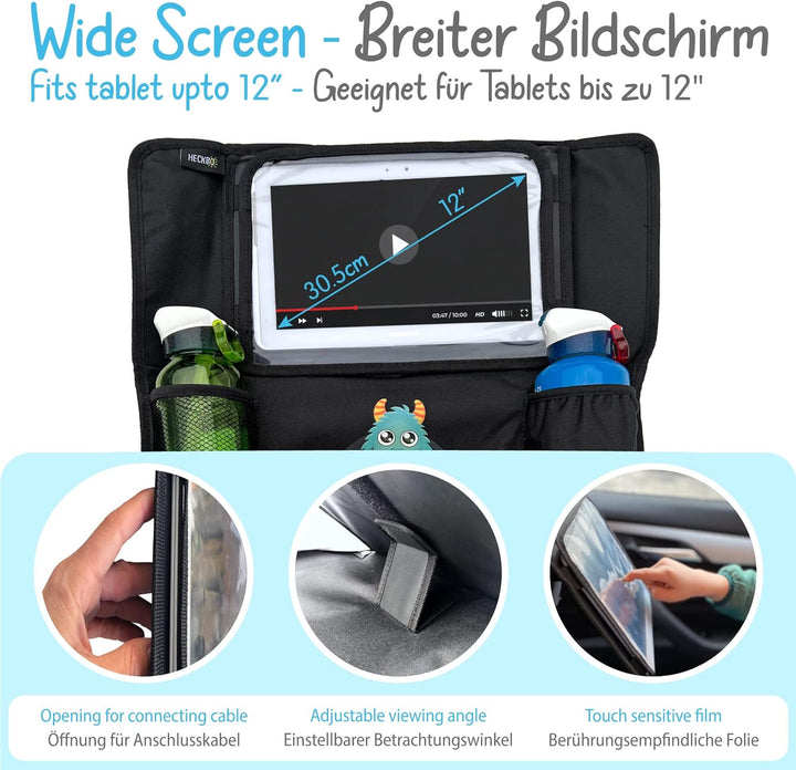 HECKBO 2x Kinder Auto Organizer mit verstellbarer Tablet Tasche mit Touch Folie für bis 20" – Monste
