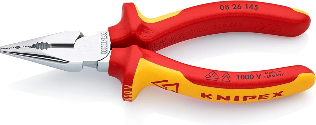 Knipex Spitz-Kombizange verchromt, isoliert mit Mehrkomponenten-Hüllen, VDE-geprüft 145 mm 08 26 145