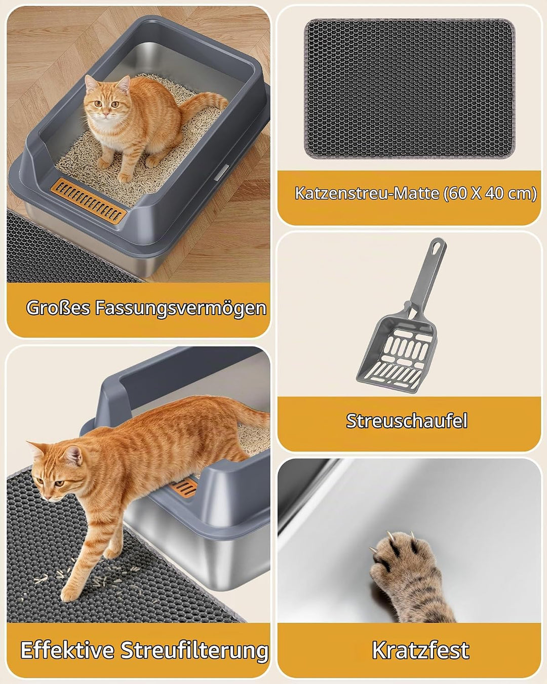 Hzuaneri Katzenklo Edelstahl XXL, 60 × 40 × 26 cm, Katzenklo mit Hoher Rand, mit XL-Matte, Schaufel,