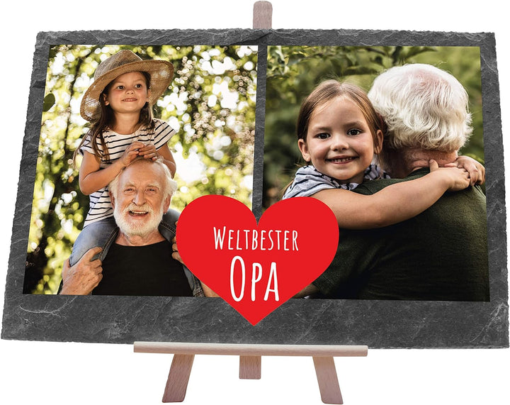 wandmotiv24 Schiefertafel Bester Opa mit Holz-Staffelei, Personalisiert mit 2 Farb-Fotos, Digitaldru