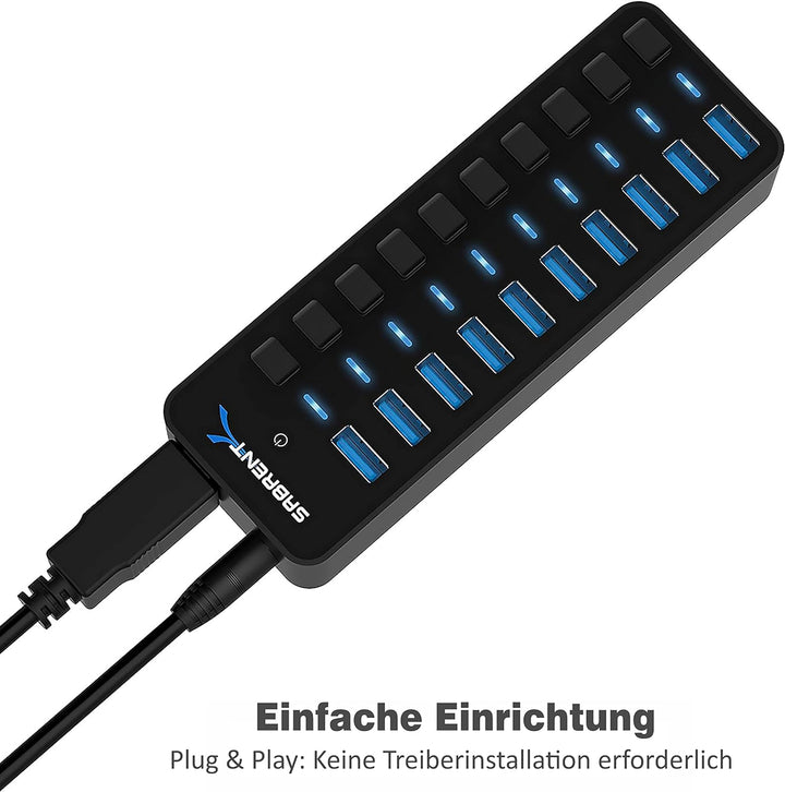 Sabrent USB Hub aktiv 3.0 mit netzteil 60W 10port, USB Adapter mehrfach Verlängerung, USB Verteiler,
