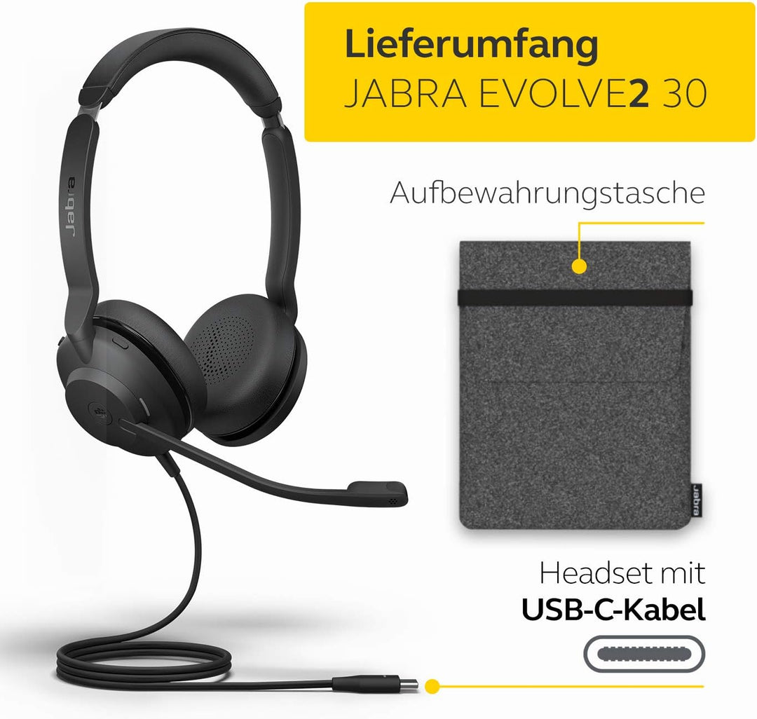 Jabra Evolve2 30 Headset – Stereo Kopfhörer mit Noise Cancelling – UC Zertifiziert – mit 2-Mikrofon