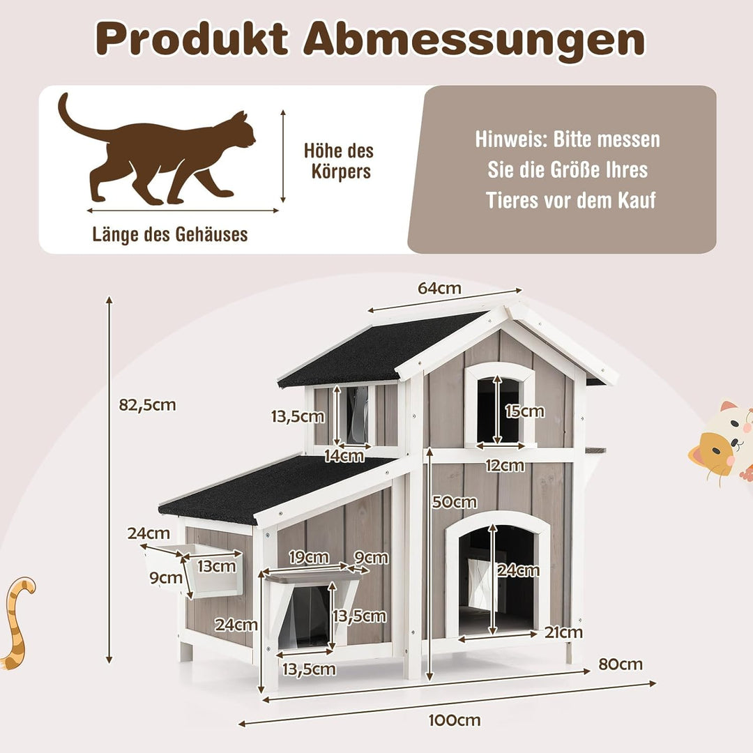 COSTWAY Katzenhaus Outdoor, 2-stöckige Katzenhütte, Katzenvilla mit Asphaltdach, Fluchttüren, PVC-Vo