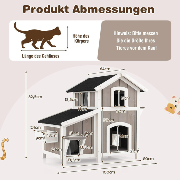 COSTWAY Katzenhaus Outdoor, 2-stöckige Katzenhütte, Katzenvilla mit Asphaltdach, Fluchttüren, PVC-Vo
