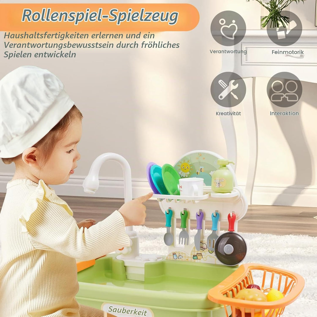 Kinder Spielküche mit Spülbecken,Wasserhahn,Geschirr und Zubehör,Küchenspüle Spielzeug Set mit Wasse