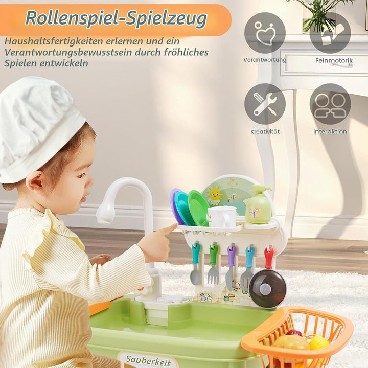 Kinder Spielküche mit Spülbecken,Wasserhahn,Geschirr und Zubehör,Küchenspüle Spielzeug Set mit Wasse