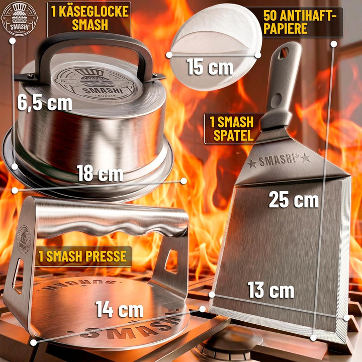 SMASHI® Smash Burger Set Professionell aus Edelstahl 304 – Burgerpresse, Grillspachtel & Burgerglock