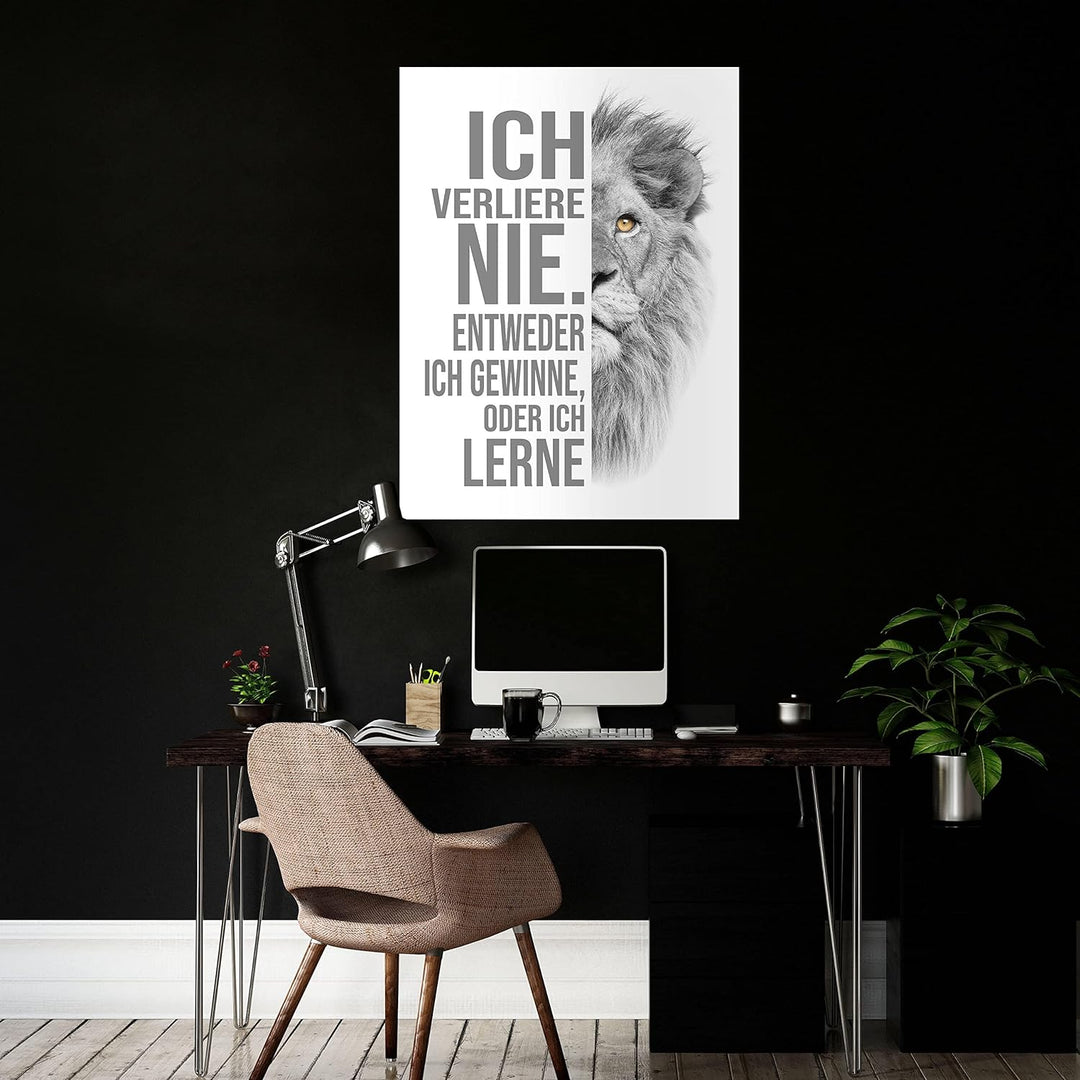 wandmotiv24 Poster als Wanddeko, Grösse 80x60cm, ich verliere nie, Weiss, Löwe, Moderne Wanddeko, Wa
