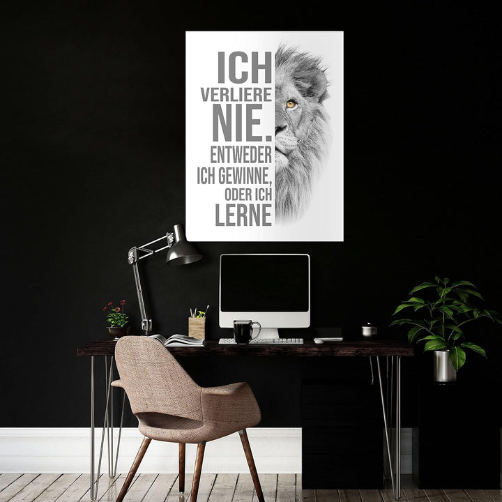 wandmotiv24 Poster als Wanddeko, Grösse 80x60cm, ich verliere nie, Weiss, Löwe, Moderne Wanddeko, Wa