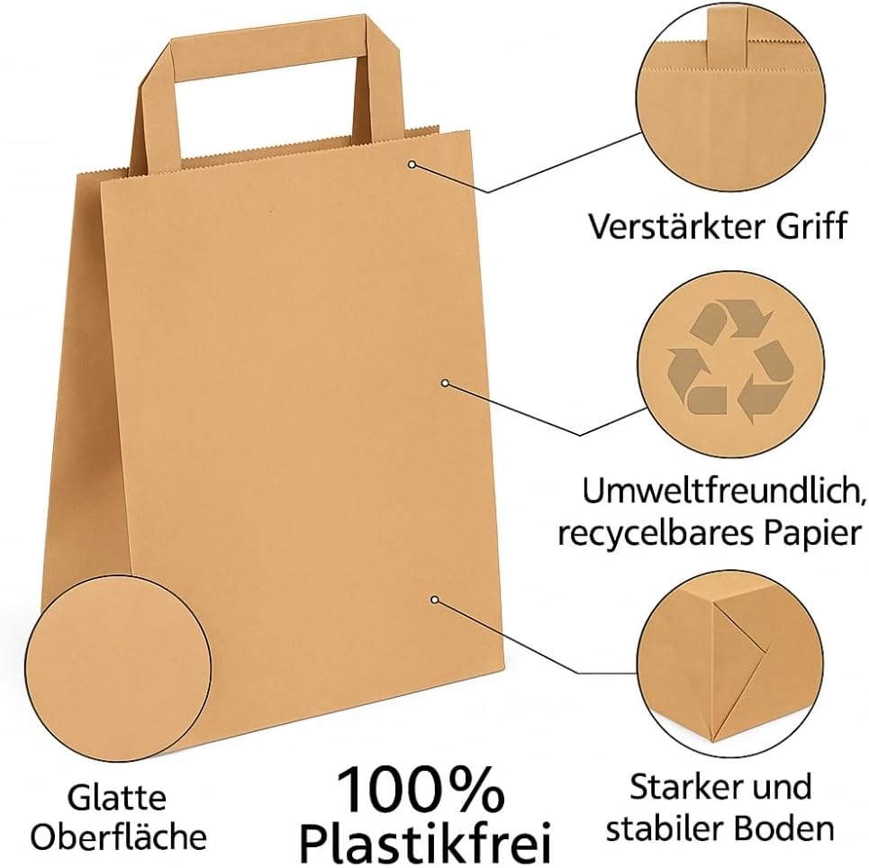 Commerline Papiertragetaschen 18+8x22cm 250 Stück | Braun Papiertüten | Kraftpapier Tüten mit Henkel