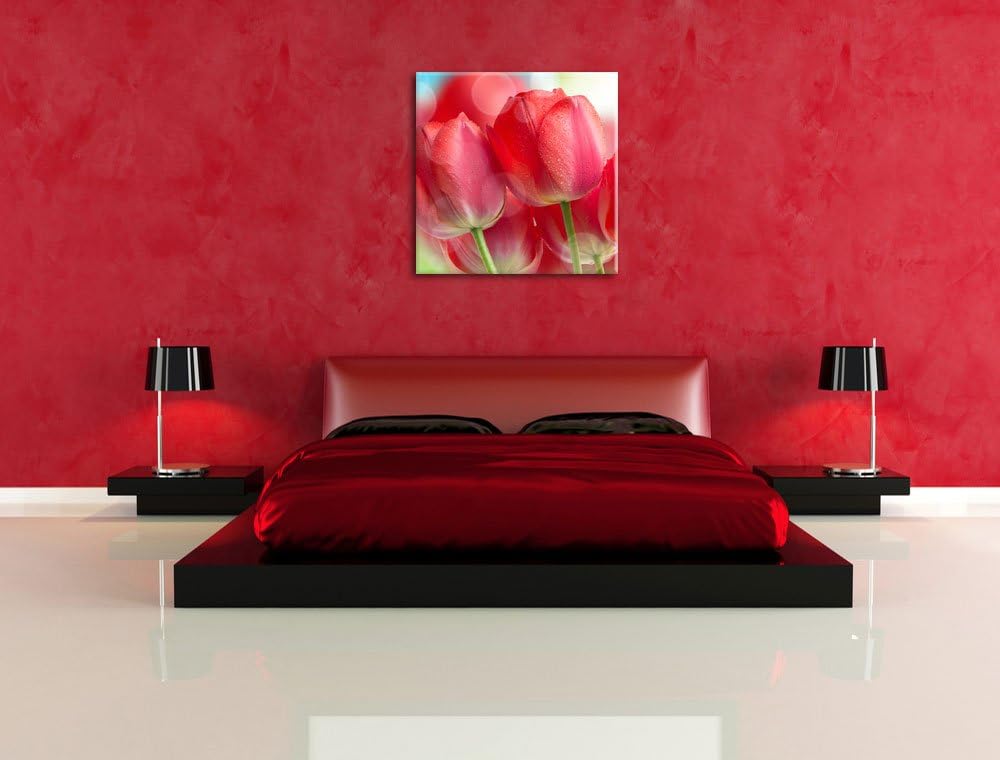 Pixxprint Rote Tulpen, Format: 70x70 auf Leinwand, XXL riesige Bilder fertig gerahmt mit Keilrahmen,