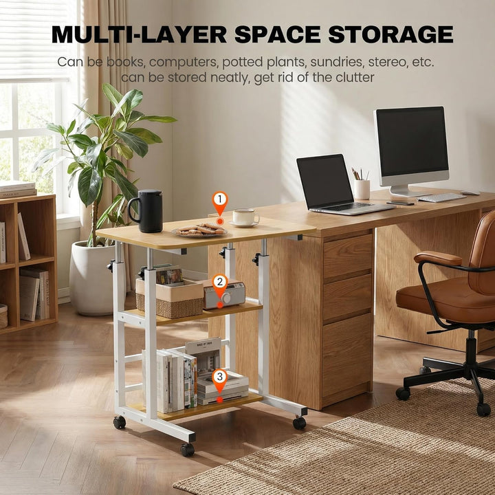 Huracan Mobiler Betttisch mit Rollen 40×80×56–82 cm, 3 Ablagen, Höhenverstellbar, H-Stahlrahmen Beso