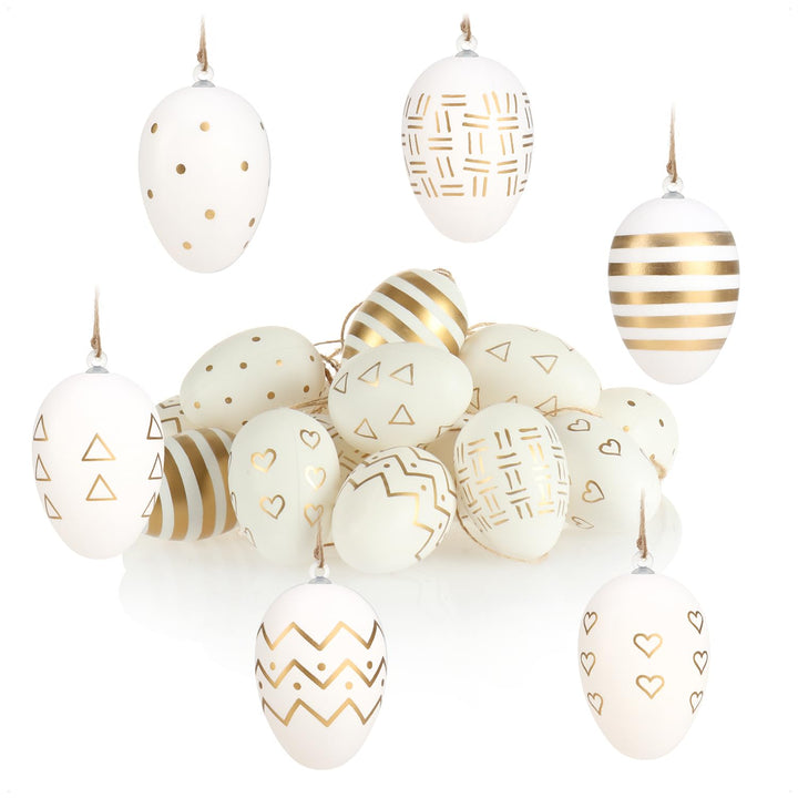 com-four® 18x Ostereier zum Aufhängen - Ostereier mit Muster weiss/goldfarben - Hängedeko aus Kunsts