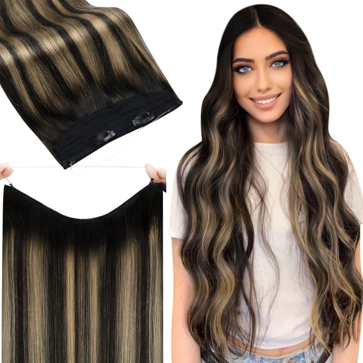 Fshine Draht Extensions Echthaar Natürlich Schwarz Gemischt Karamellblond 30 cm 70 g Secret Extensio