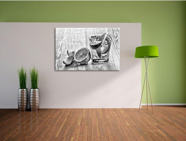 Pixxprint Monocrome, Gin Tonic Shot mit Zitronen, Format: 100x70 auf Leinwand, 100x70