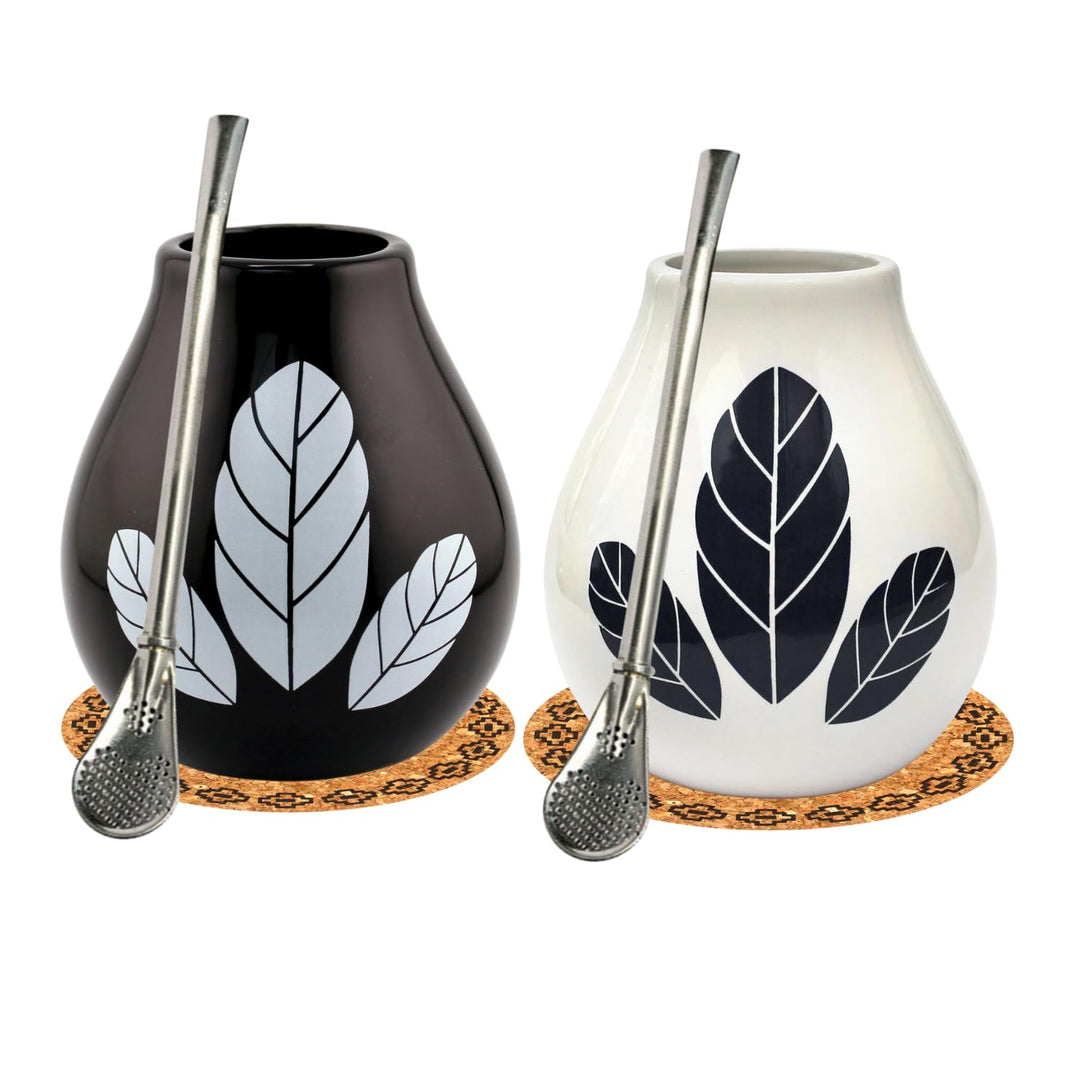 Mate-Tee becher Set für zwei ● Keramik yerba mate tee tasse Hoja Kalebasse Becher 350ml ● Stahl Trin
