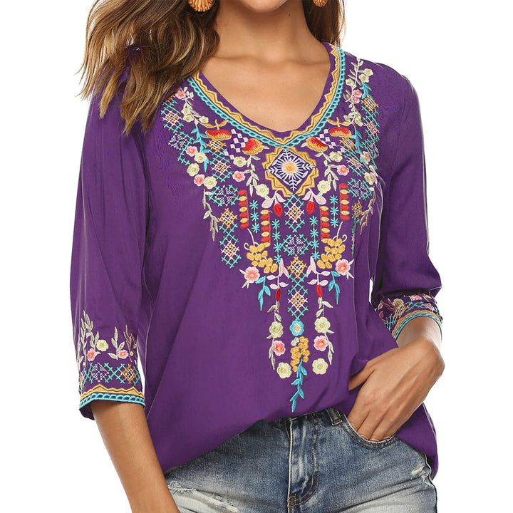 Hippie Kleidung Damen Bohemian Folklore Stickerei Bluse 3/4 äRmel V Ausschnitt Tunika Sommer LäSsige