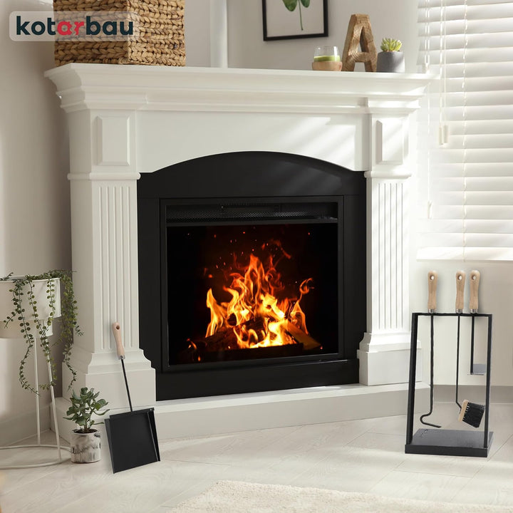 KOTARBAU® Kaminset 4tlg. Kaminbesteck Kaminzubehör mit Holzgriffe Ofenbesteck aus Stahl Besen Kehrsc