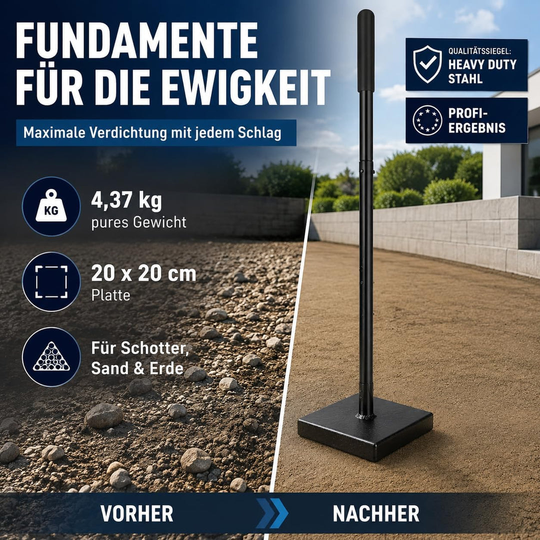WERKTHOR Boden Stampfer aus Stahl Zerlegbar - Stampfer Bodenverdichter 122 cm hoch mit 20 x 20 cm Gr