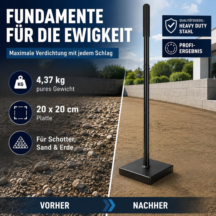 WERKTHOR Boden Stampfer aus Stahl Zerlegbar - Stampfer Bodenverdichter 122 cm hoch mit 20 x 20 cm Gr