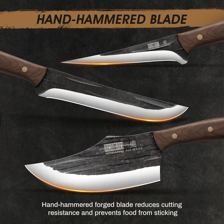 HOSHANHO Metzgermesser Set, Handgeschmiedetes Metzger Küchenmesser Set mit Messertasche, Scharfes Fl